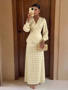 Firerie Women's Elegant Polka Dot V-Neck Wrap Tie Blouse And Mermaid Skirt Set, Shiny Top Set For Spring And Autumn, Asymmetrical Hem Set, Skirt Set, Suitable For Daily, Date, Birthday, Date, Wedding, Work And Commute Wear - Light Yellow - View 3