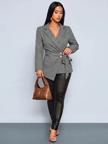 SOLERSUN Blazer Wanita Motif Houndstooth dengan Kerah Lapel, Pinggang Twist Berkerut, Kancing Logam dan Kelim Asimetris untuk Harian, Santai dan Pesta - Hitam dan Putih - View 8