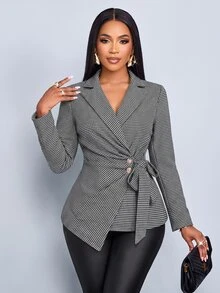SOLERSUN Blazer Wanita Motif Houndstooth dengan Kerah Lapel, Pinggang Twist Berkerut, Kancing Logam dan Kelim Asimetris untuk Harian, Santai dan Pesta - Hitam dan Putih - View 2