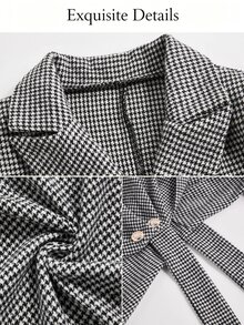 SOLERSUN Blazer Wanita Motif Houndstooth dengan Kerah Lapel, Pinggang Twist Berkerut, Kancing Logam dan Kelim Asimetris untuk Harian, Santai dan Pesta - Hitam dan Putih - View 10