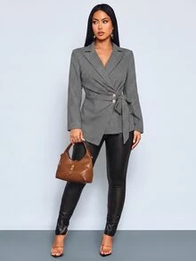 SOLERSUN Blazer Wanita Motif Houndstooth dengan Kerah Lapel, Pinggang Twist Berkerut, Kancing Logam dan Kelim Asimetris untuk Harian, Santai dan Pesta - Hitam dan Putih - View 9