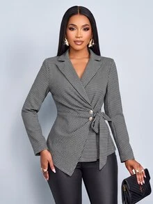 SOLERSUN Blazer Wanita Motif Houndstooth dengan Kerah Lapel, Pinggang Twist Berkerut, Kancing Logam dan Kelim Asimetris untuk Harian, Santai dan Pesta - Hitam dan Putih - View 5