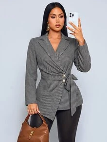 SOLERSUN Blazer Wanita Motif Houndstooth dengan Kerah Lapel, Pinggang Twist Berkerut, Kancing Logam dan Kelim Asimetris untuk Harian, Santai dan Pesta - Hitam dan Putih - View 7