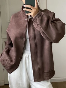 DAZY 女款素色寬鬆高領長袖拉鍊麂皮外套 休閒街頭風 度假款 春秋常規夾克 - 咖啡棕 - 查看 2