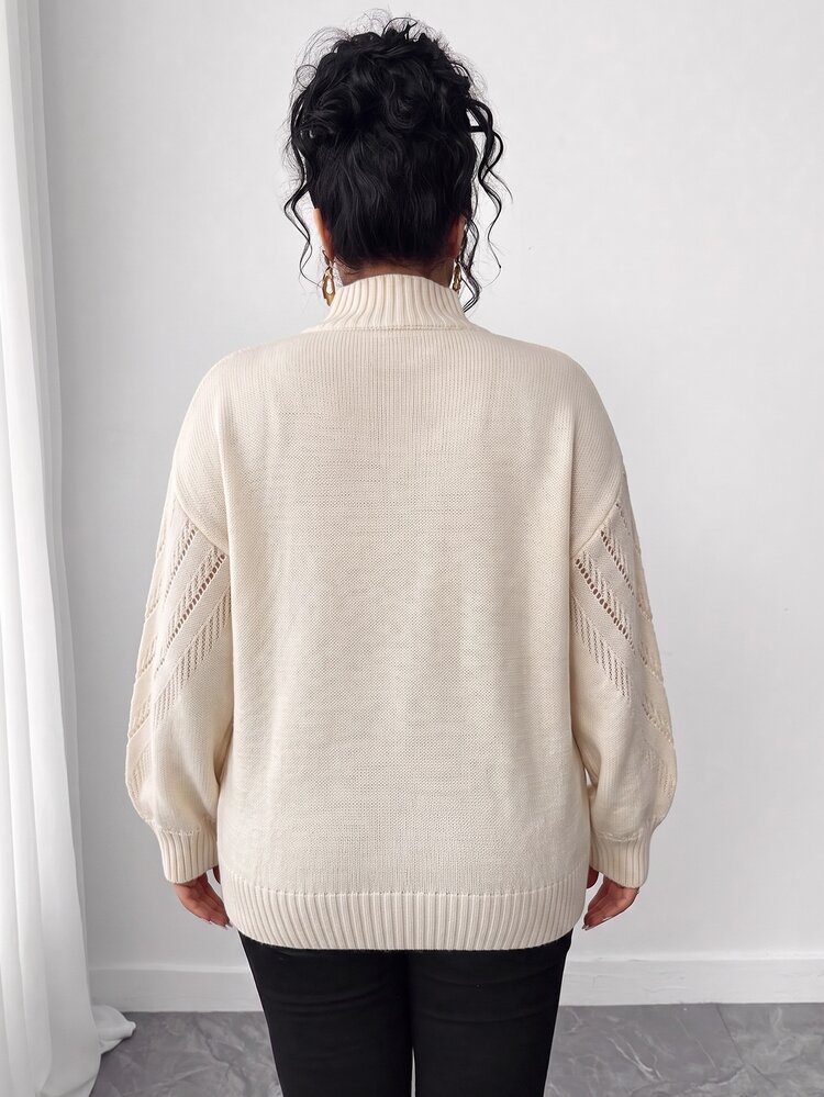 Linhara CURVE Plus Size Women Autumn Knit Hollow V-Neck Pattern Top, Casual Elegant Solid Color High Neck Pullover Sweater Office Home Wear White And Yellow - Beige - View 2
