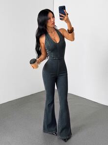 SHEIN Tall 女款V領時尚掛脖喇叭褲牛仔連身褲 - 深色水洗藍 - 查看 5