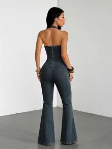 SHEIN Tall 女款V領時尚掛脖喇叭褲牛仔連身褲 - 深色水洗藍 - 查看 2
