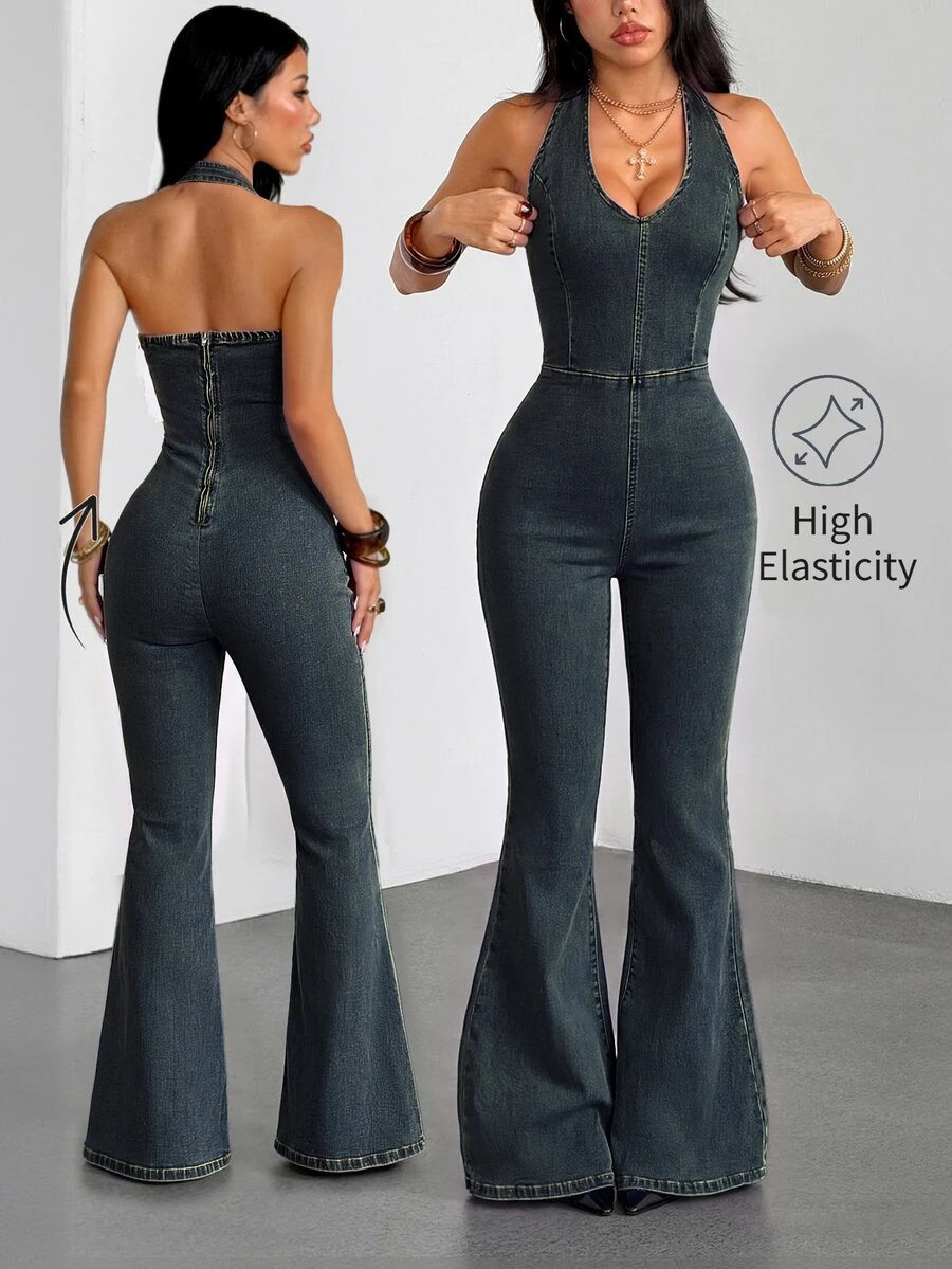 SHEIN Tall 女款V領時尚掛脖喇叭褲牛仔連身褲 - 深色水洗藍 - 查看 1