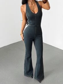 SHEIN Tall 女款V領時尚掛脖喇叭褲牛仔連身褲 - 深色水洗藍 - 查看 7