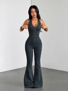 SHEIN Tall 女款V領時尚掛脖喇叭褲牛仔連身褲 - 深色水洗藍 - 查看 4
