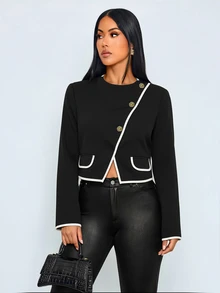 SOLERSUN Women's Contrast Crop Jacket Round Neck Long Sleeve Gold Floral Button Elegant Daily Office - Black - View 4