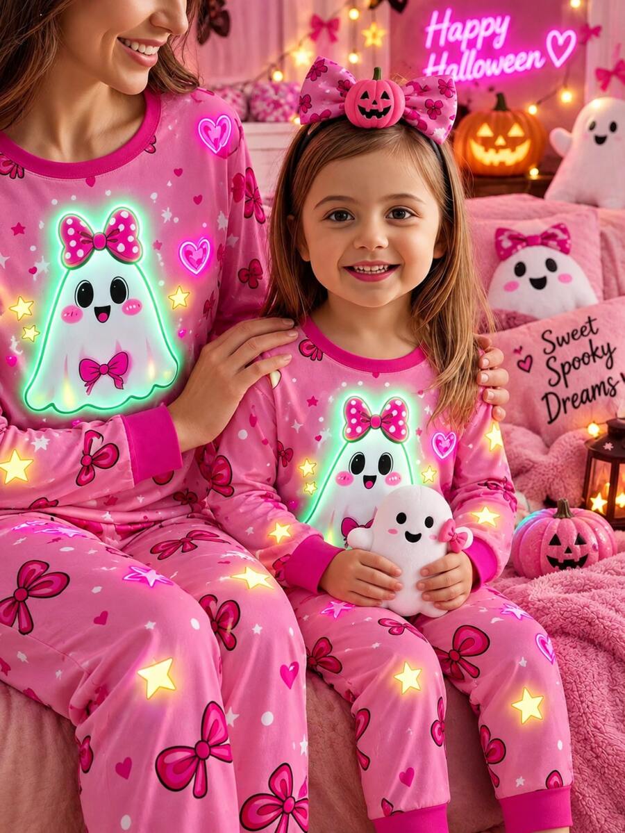 Young Girl 2 Pieces Halloween Pajama Set, Printed With Cute Ghost, Bow, Heart And Star Patterns, Includes Long Sleeve Top And Long Pants, Slim Fit - Pink - View 1