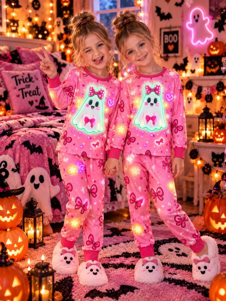 Young Girl 2 Pieces Halloween Pajama Set, Printed With Cute Ghost, Bow, Heart And Star Patterns, Includes Long Sleeve Top And Long Pants, Slim Fit - Pink - View 8
