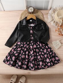 SHEIN 女童春夏/秋冬甜酷兩件套：碎花洋裝與外套，翻領上衣配雙胸袋，短版剪裁提升腰線，黑色底粉色玫瑰碎花，細肩帶A字鬆身裙擺配荷葉邊，修身顯瘦，復古初秋風，適合日常穿著與聚會 - 黑色 - 查看 8