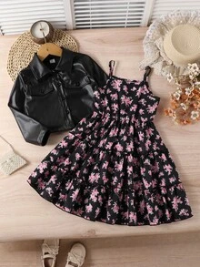 SHEIN 女童春夏/秋冬甜酷兩件套：碎花洋裝與外套，翻領上衣配雙胸袋，短版剪裁提升腰線，黑色底粉色玫瑰碎花，細肩帶A字鬆身裙擺配荷葉邊，修身顯瘦，復古初秋風，適合日常穿著與聚會 - 黑色 - 查看 5