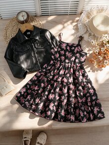 SHEIN 女童春夏/秋冬甜酷兩件套：碎花洋裝與外套，翻領上衣配雙胸袋，短版剪裁提升腰線，黑色底粉色玫瑰碎花，細肩帶A字鬆身裙擺配荷葉邊，修身顯瘦，復古初秋風，適合日常穿著與聚會 - 黑色 - 查看 3