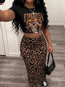 Slaydiva 2pcs/Set Fitted Short Sleeve Crew Neck T-Shirt And Bodycon Maxi Skirt - Multicolor - View 3