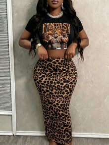 Slaydiva 2pcs/Set Fitted Short Sleeve Crew Neck T-Shirt And Bodycon Maxi Skirt - Multicolor - View 4