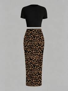 Slaydiva 2pcs/Set Fitted Short Sleeve Crew Neck T-Shirt And Bodycon Maxi Skirt - Multicolor - View 2
