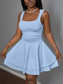 Slaydiva Women's Summer Casual Basic Sports Sweet Square Neck Ruched Double Layer Flared Short Dress,Bodycon Dress - Blue - View 4