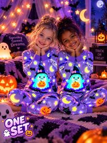 Tween Girl 2 Pieces Halloween Glow-In-The-Dark Pajamas (Fitted), Includes Long Sleeve Crew Neck Top And Long Pants, Printed With Ghost, Pumpkin, Bat, Moon And Star Patterns - Purple - View 8