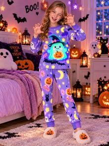 Tween Girl 2 Pieces Halloween Glow-In-The-Dark Pajamas (Fitted), Includes Long Sleeve Crew Neck Top And Long Pants, Printed With Ghost, Pumpkin, Bat, Moon And Star Patterns - Purple - View 2
