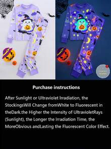 Tween Girl 2 Pieces Halloween Glow-In-The-Dark Pajamas (Fitted), Includes Long Sleeve Crew Neck Top And Long Pants, Printed With Ghost, Pumpkin, Bat, Moon And Star Patterns - Purple - View 3