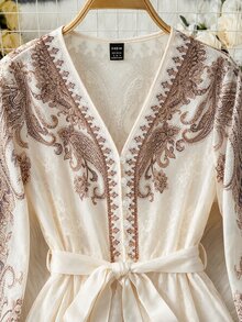 Franclia Women's Paisley Pattern Long Sleeve V-Neck Elegant Boho Dress Vacation Tea Party Vacation Brown And White Polka Dot Polka Dot Autumn - Multicolor - View 6