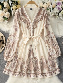 Franclia Women's Paisley Pattern Long Sleeve V-Neck Elegant Boho Dress Vacation Tea Party Vacation Brown And White Polka Dot Polka Dot Autumn - Multicolor - View 7