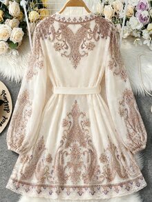 Franclia Women's Paisley Pattern Long Sleeve V-Neck Elegant Boho Dress Vacation Tea Party Vacation Brown And White Polka Dot Polka Dot Autumn - Multicolor - View 2