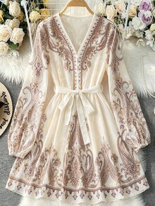 Franclia Women's Paisley Pattern Long Sleeve V-Neck Elegant Boho Dress Vacation Tea Party Vacation Brown And White Polka Dot Polka Dot Autumn - Multicolor - View 1