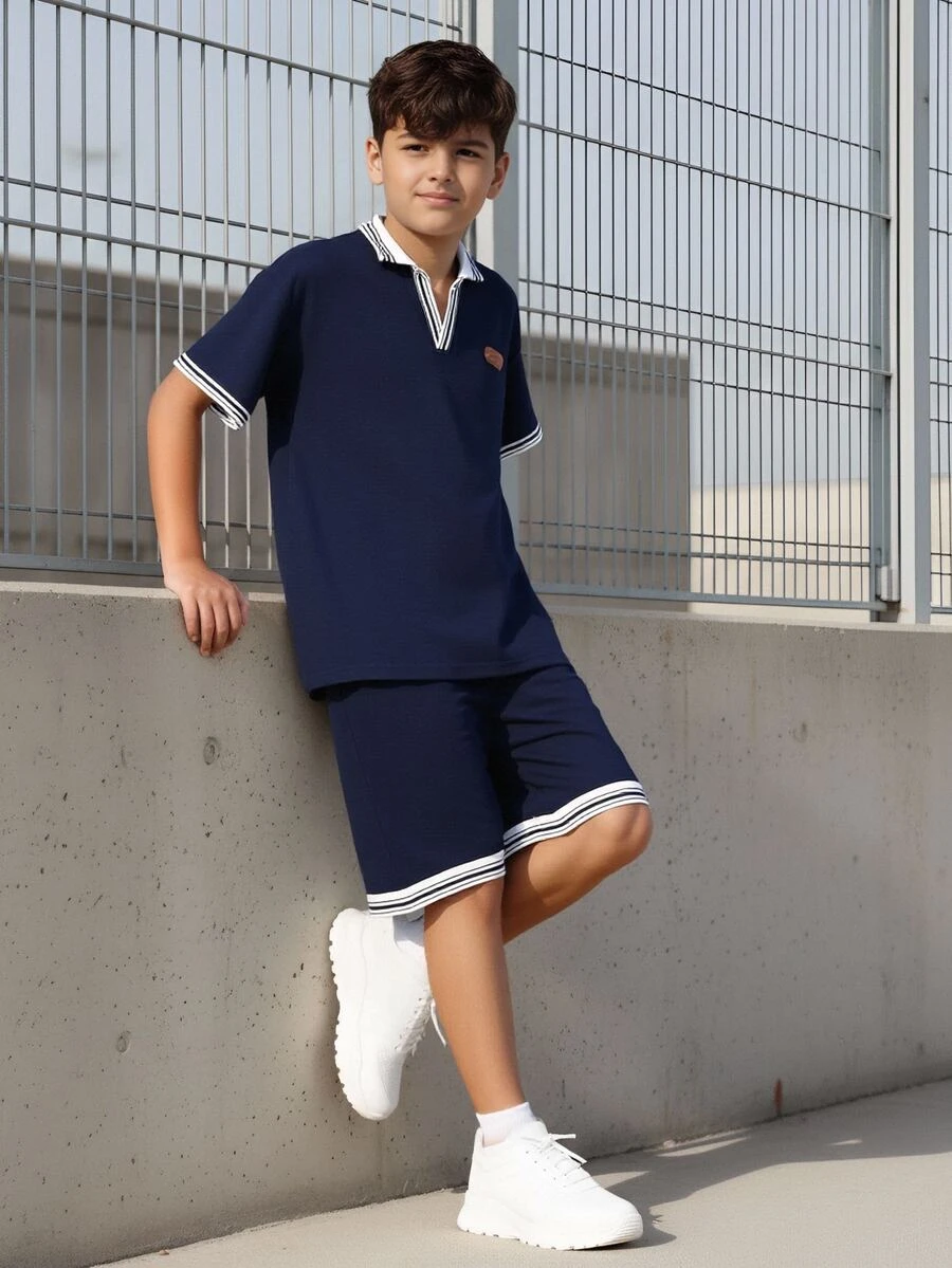 Vacaura 2件組 男青少年休閒領子 Polo 衫與短褲套裝 - 藏蓝色 - 查看 1