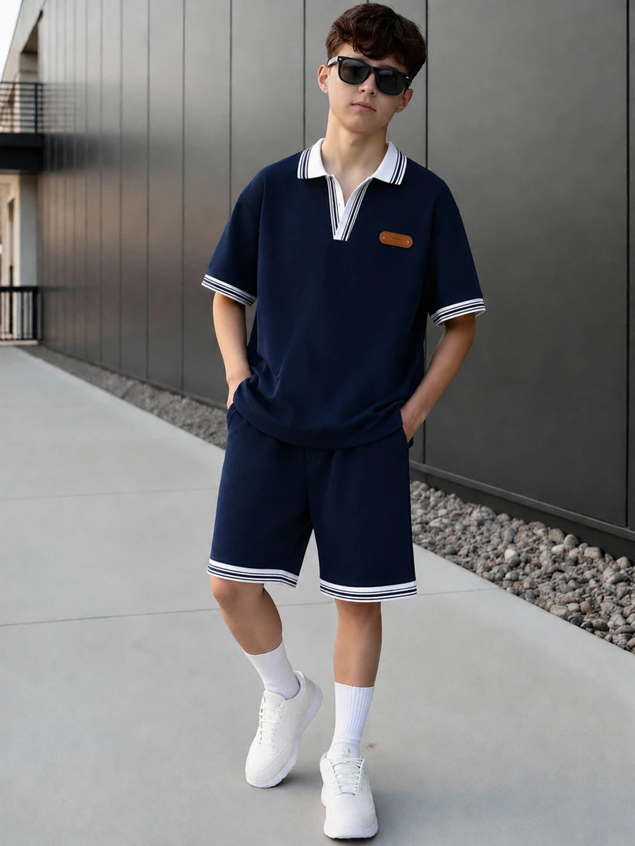 Vacaura 2pcs/Set Men's Teen Casual Polo Shirt With Collar And Shorts - Navy Blue - View 1