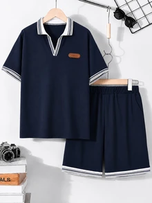 Vacaura 2件組 男青少年休閒領子 Polo 衫與短褲套裝 - 藏蓝色 - 查看 6