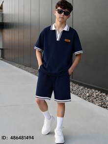 Vacaura 2件組 男青少年休閒領子 Polo 衫與短褲套裝 - 藏蓝色 - 查看 8