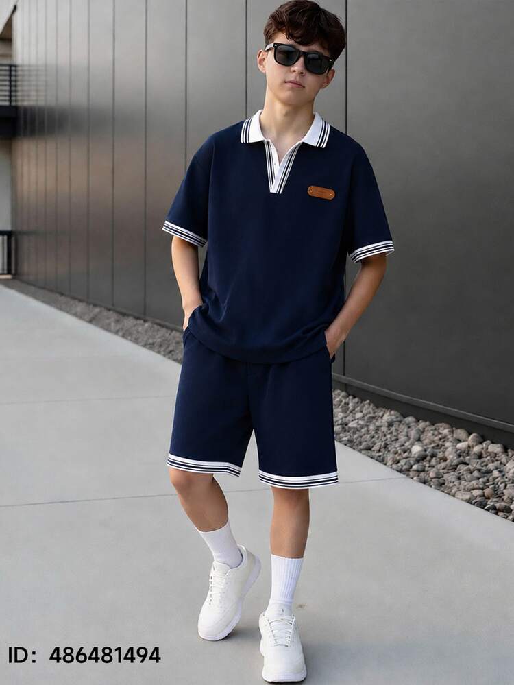 Vacaura 2pcs/Set Men's Teen Casual Polo Shirt With Collar And Shorts - Navy Blue - View 8