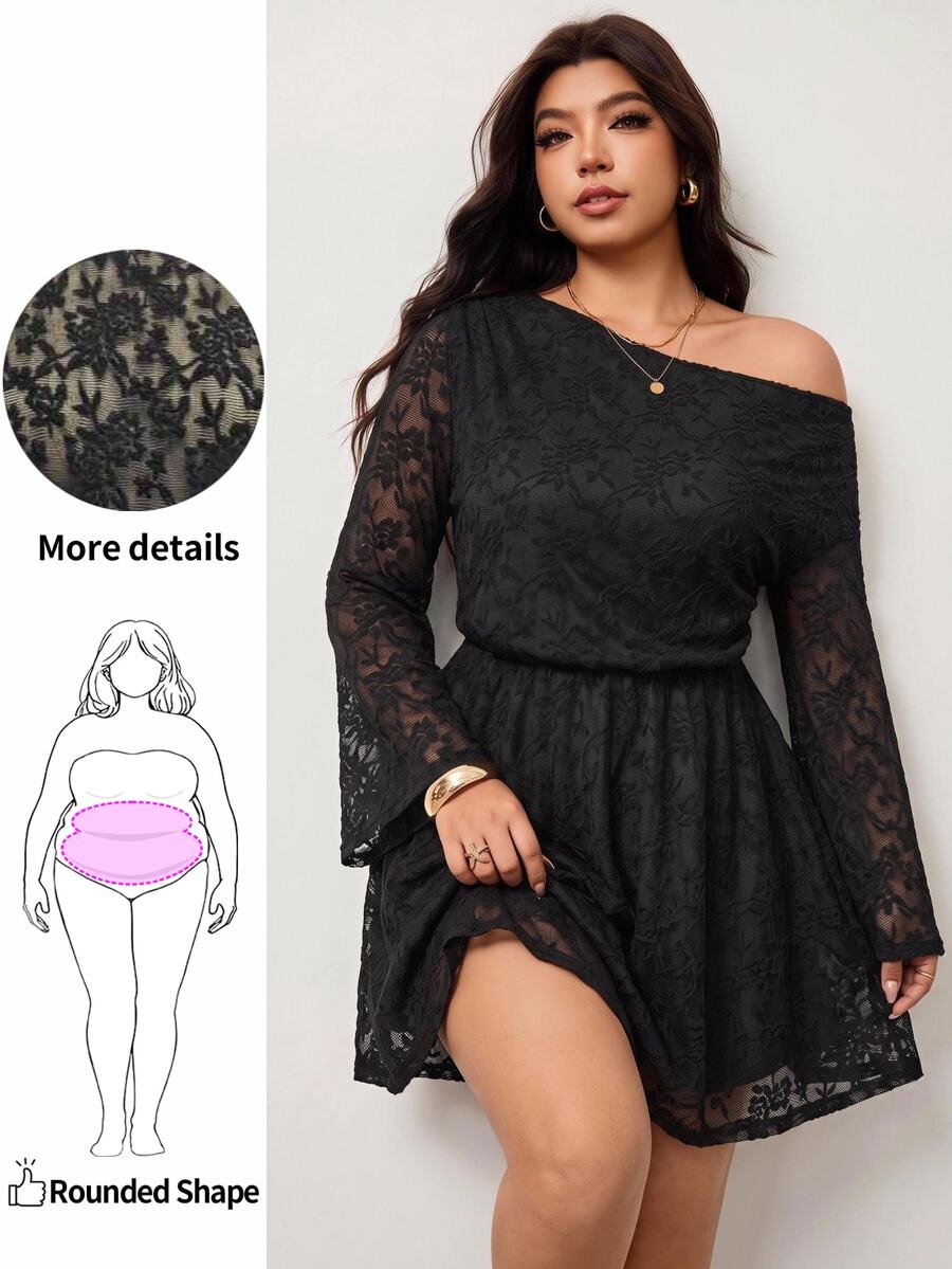 Enliva Plus-Size Women's Elegant Lace Asymmetrical Neckline Fitted Waist A-Line Dress Apple,Rounded Body Women Outfit Date Night Elegant Party Dress - Black - View 1