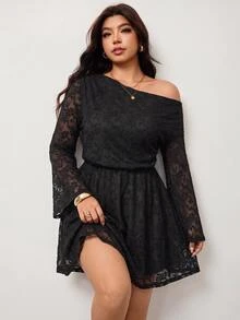 Enliva Plus-Size Women's Elegant Lace Asymmetrical Neckline Fitted Waist A-Line Dress Apple,Rounded Body Women Outfit Date Night Elegant Party Dress - Black - View 3