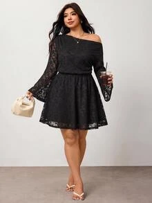 Enliva Plus-Size Women's Elegant Lace Asymmetrical Neckline Fitted Waist A-Line Dress Apple,Rounded Body Women Outfit Date Night Elegant Party Dress - Black - View 6