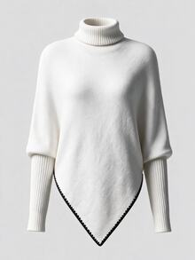 Selianne Sweater Rajut Lengan Panjang Model Cape Off-Shoulder Musim Gugur/Dingin untuk Wanita dengan Trim Shell Hitam dan Tepian Kontras - Putih - View 1