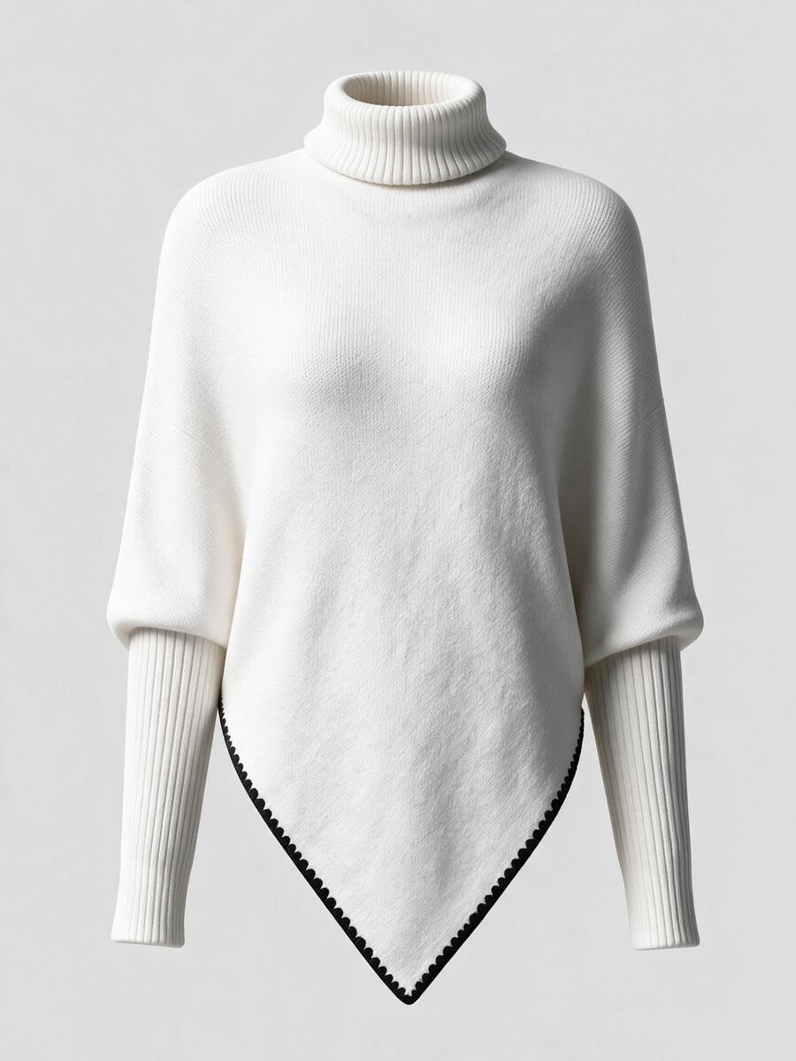 Selianne Sweater Rajut Lengan Panjang Model Cape Off-Shoulder Musim Gugur/Dingin untuk Wanita dengan Trim Shell Hitam dan Tepian Kontras - Putih - View 1