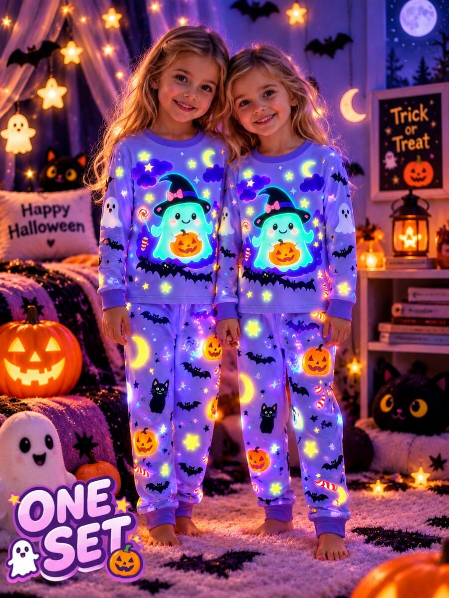 Young Girl 2 Pieces Halloween Glow-In-The-Dark Pajama Set (Slim Fit), Includes Long Sleeve Crew Neck Top And Long Pants, Printed With Ghost, Pumpkin, Bat, Moon And Star Patterns - Purple - View 1
