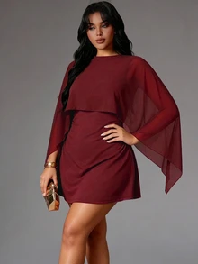 Rustia 披肩式收腰洋裝，咖啡色雪紡拼接高腰 A 字短款雞尾酒洋裝 - 酒紅色 - 查看 8