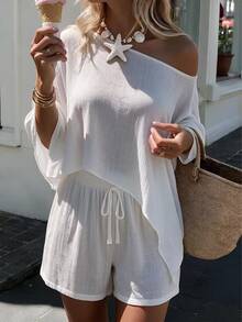 Bonvoyette 2026 Cross-Border New Collection: Two Pieces Set With Plain Color Top And Shorts, Elegant Vacation Style Women's Swimsuit - White - View 2