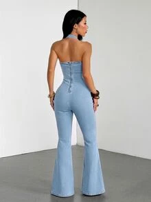 SHEIN Tall Women's V-Neck Fashion Halter Denim Jumpsuit - Light Wash - View 2