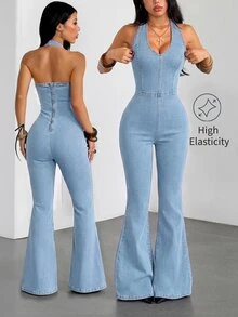 SHEIN Tall Women's V-Neck Fashion Halter Denim Jumpsuit - Light Wash - View 1