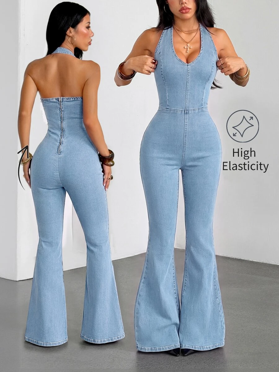 SHEIN Tall Women's V-Neck Fashion Halter Denim Jumpsuit - Light Wash - View 1