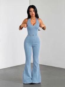 SHEIN Tall Women's V-Neck Fashion Halter Denim Jumpsuit - Light Wash - View 7