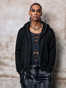 Skyrend Mens Light Gray Balaclava Hoodie, Streetwear Face Cover Sweatshirt With Split Design, Casual Outdoor Festival Grunge Autumn Winter Pullover - Black - View 6