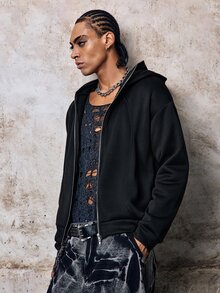 Skyrend Mens Light Gray Balaclava Hoodie, Streetwear Face Cover Sweatshirt With Split Design, Casual Outdoor Festival Grunge Autumn Winter Pullover - Black - View 5